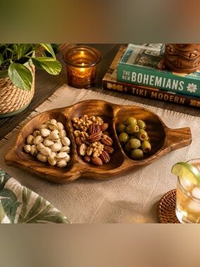 Vintage Hand Carved Wooden Divided Serving Tray Bowl Boho Tiki Decor Acacia Wood